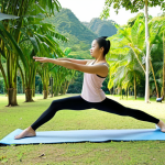 **

A person exercising outdoors in a park in Thailand, surrounded by lush greenery. They are doing a dynamic stretching exercise. The scene is bright and sunny, emphasizing a healthy and active lifestyle in a natural environment.

**