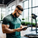헬스트레이너 업무 스트레스 관리 - A professional fitness trainer in a modern gym setting, planning a detailed daily schedule on a digi...