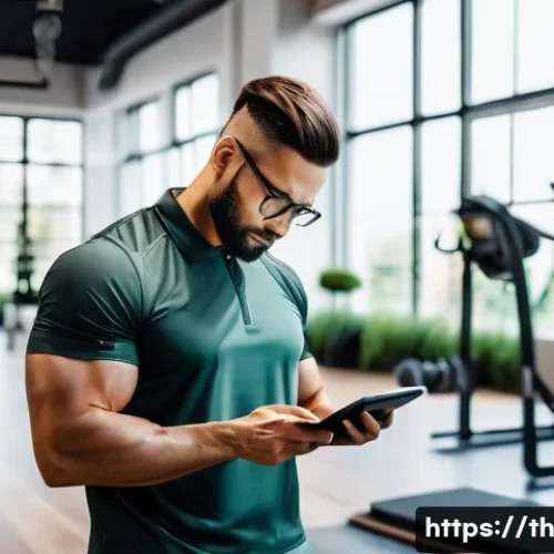 헬스트레이너 업무 스트레스 관리 - A professional fitness trainer in a modern gym setting, planning a detailed daily schedule on a digi...
