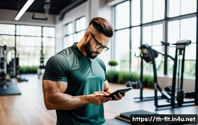 헬스트레이너 업무 스트레스 관리 - A professional fitness trainer in a modern gym setting, planning a detailed daily schedule on a digi...