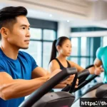 헬스트레이너 심폐 지구력 훈련 - A detailed fitness trainer coaching a diverse group of adult clients in a modern gym setting, demons...