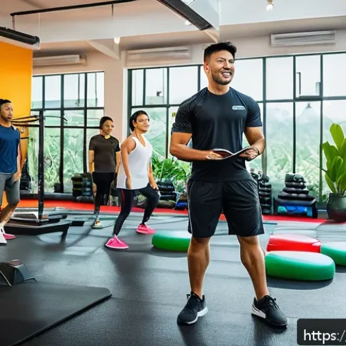 헬스트레이너 코칭 사례 공유 - A vibrant and motivational fitness coaching scene set in a modern Thai gym, featuring a professional...