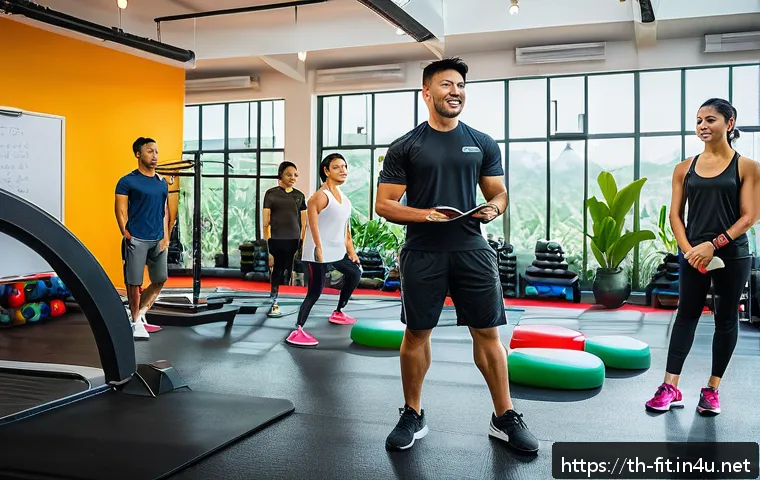 헬스트레이너 코칭 사례 공유 - A vibrant and motivational fitness coaching scene set in a modern Thai gym, featuring a professional...
