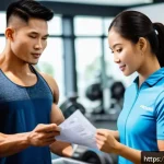 헬스트레이너 PT 계약서 작성 - A professional personal trainer consulting with a Thai client in a modern gym setting, both dressed ...