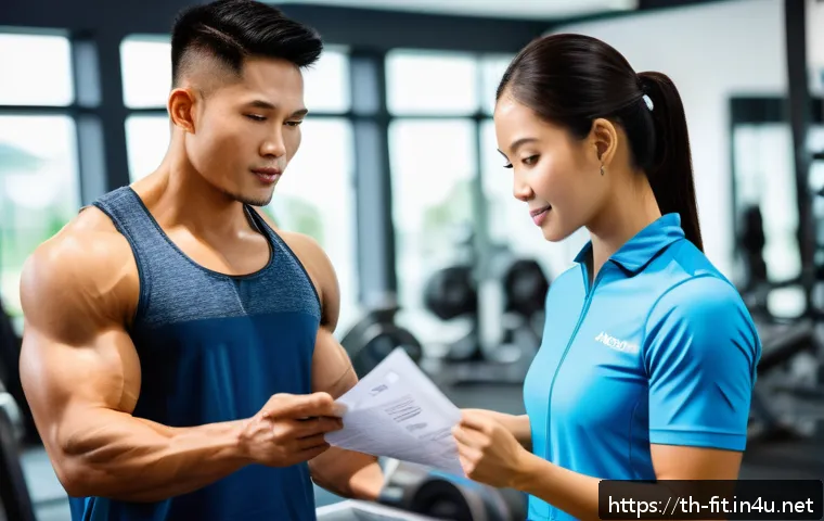 헬스트레이너 PT 계약서 작성 - A professional personal trainer consulting with a Thai client in a modern gym setting, both dressed ...